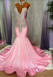 Luxury Sparkly Silver Diamond Long Pink Prom Dress