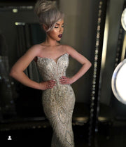 Gold Strapless Beaded Mermaid Evening Gown