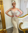 Gold Strapless Beaded Mermaid Evening Gown