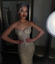 Gold Strapless Beaded Mermaid Evening Gown