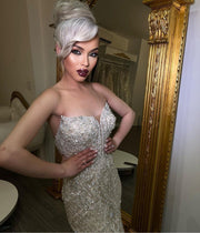 Gold Strapless Beaded Mermaid Evening Gown