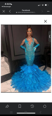 Opulent Elegance: Crystal-Adorned Aqua Feather Prom Dress