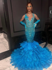 Opulent Elegance: Crystal-Adorned Aqua Feather Prom Dress