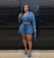 Washed Denim Cropped Hooded Skirt Sets
