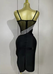 Kamila sparkly rhinestone mesh evening party dress for women, perfect for DJs, singers, and nightclub events.