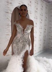 Luxury Rhinestone Glitter Beaded Ruffled Hem Wedding Dress