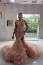 Luxury rhinestone glitter beaded wedding dress with feather hem for glamorous bridal look