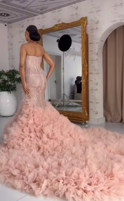 Luxury rhinestone glitter beaded wedding dress with feather hem for glamorous bridal look