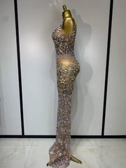 Eniola sheer mesh long dress encrusted with luxury diamonds for a high-fashion, see-through evening look.