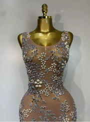 Eniola sheer mesh long dress encrusted with luxury diamonds for a high-fashion, see-through evening look.