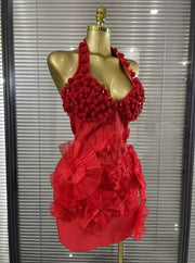 Tenisha Sparkly Red Crystal Women Sexy Halter Backless Flowers Bodycon