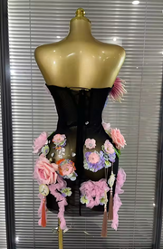 Zel Sexy Rhinestone 3D Floral Tassel Mesh Mini Dress for Women