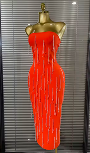 Kyleigh Orange Strapless Beading Fringes Bodycon Bandage Long Dress
