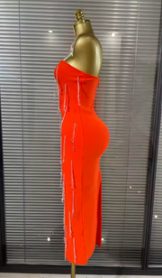 Kyleigh Orange Strapless Beading Fringes Bodycon Bandage Long Dress