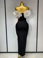 Maya off-shoulder flower diamond bodycon bandage dress – long slim-fit elegant evening gown.