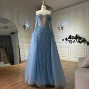 2025 Blue Mermaid Evening Gown with Gloves and Overskirt