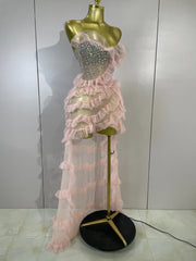 Envious Designs Denise sexy strapless mesh ruffled pink long dress with sparkly diamond detailing for birthday party styling
