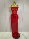 sparkly red rhinestone sequin 2-piece long dress, perfect for stage, birthday celebrations, and glamorous evening events.