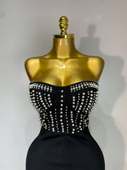 Tanisha black sleeveless strapless pearl beaded bodycon jumpsuit for women evening party birthday club outfit