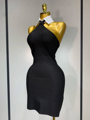 Shayla women’s black mini bodycon dress with white shirt collar and backless design for parties or club events.
