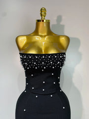 Lena pearl beaded strapless backless midi bandage dress for women. Elegant black cocktail dress for parties and evening events.