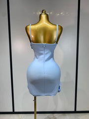 Zara square neck beaded bandage mini dress with rhinestone flower embellishment