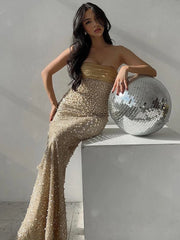 Imani strapless gold pearl beaded bodycon women’s evening dress, slim-fit long gown with gold pearls for parties and birthdays.