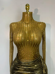 Yen long sleeve sheer mesh mini dress featuring sparkling rhinestone embellishments for a glamorous party look