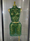 Amber crystal mesh two piece bodycon mini dress set for women. Sexy outfit for nightlife, stage wear, and party events.