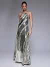 Zaria silver sequin strappy backless gown with ruffle mesh details – elegant party dress.