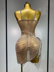 Simone sparkly rhinestones fringe mesh mini dress, women’s see-through birthday party and nightclub evening outfit.