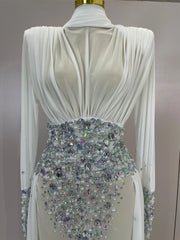 Dana white diamond mesh abaya maxi dress for women. Elegant luxury gown for weddings, birthdays, and evening parties.