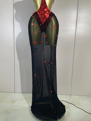 Rebecca red rhinestone mirror bikini maxi dress featuring sparkling embellishments and a bold statement design