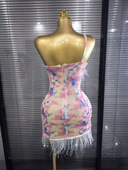 Arabella sequin one-shoulder feather bodycon mini dress with a sparkling finish and glamorous party-ready silhouette