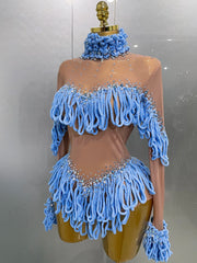Hannah rhinestone mesh tassel bodysuit for women – sexy see-through birthday and club outfit.