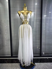 Chantelle golden sequin mesh see-through V-neck maxi dress for evening and formal party styling