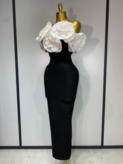 Maya off-shoulder flower diamond bodycon bandage dress – long slim-fit elegant evening gown.