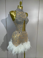 Belinda crystal embellished mini dress featuring feather accents and hollow-out details for a glamorous party look