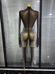 Tamika crystal mesh long sleeve see-through bodycon jumpsuit for nightclub and stage performance