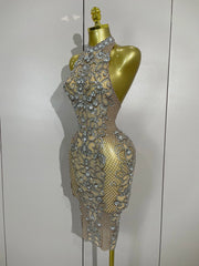 sparkly crystal diamond see-through stretch mesh dress, perfect for nightclub, stage performance, evening, and birthday parties.