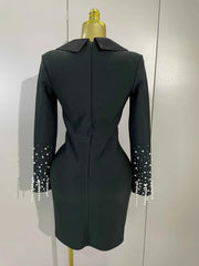 Eva Black V-Neck Pearl Beaded Long Sleeve Bodycon Bandage Dress