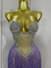 Nylah rhinestones sequins tassel mesh long dress with sparkling details and elegant slim fit for women.