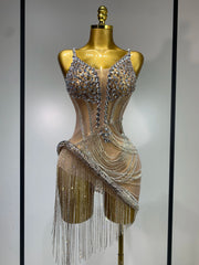 Simone sparkly rhinestones fringe mesh mini dress, women’s see-through birthday party and nightclub evening outfit.
