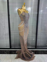 Envious Designs Mandie sexy strapless shining rhinestone mesh see-through floor-length mermaid dress for evening gala styling