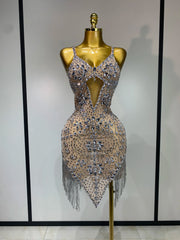 Christy rhinestone tassel mini dress featuring sparkling embellishments and a fitted bodycon silhouette