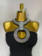 Nyra backless black bandage mini dress featuring a bodycon fit and hand-applied sparkly diamond embellishments.