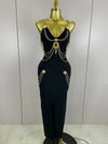 Helaena black chain spaghetti strap V-neck split bandage dress for date night and cocktail party styling