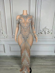 Nyra sexy silver chain fringe mesh see through dress with sparkling chain and fringe accents for women.