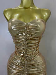 Alana gold strapless ruched backless maxi gown for women. Elegant dress for weddings, prom, birthdays, and evening parties.