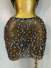 Sherry rhinestone sheer two piece gown set for women. Sexy luxury outfit for birthdays, nightlife, and evening parties.